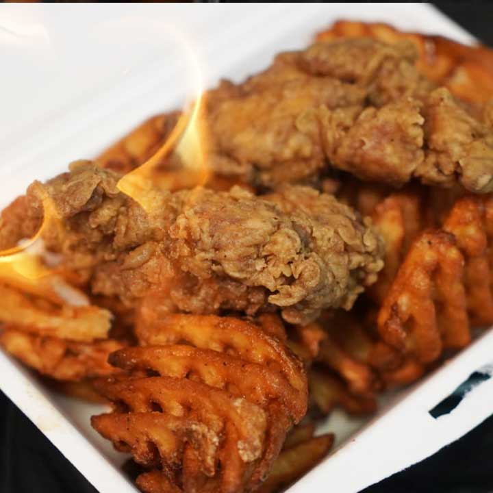 WAFFLE FRIES WITH CRISPY CHICKEN