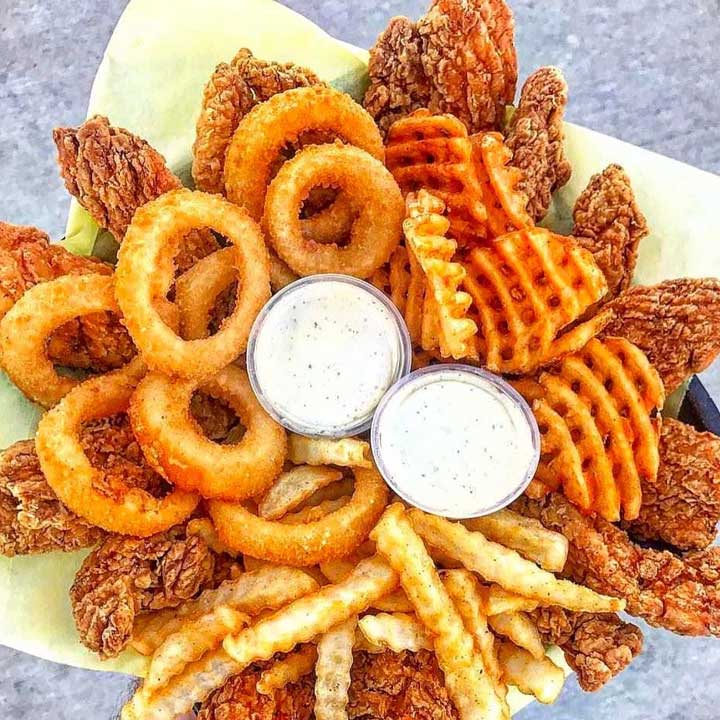 WAFFLE FRIES WITH CRISPY CHICKEN